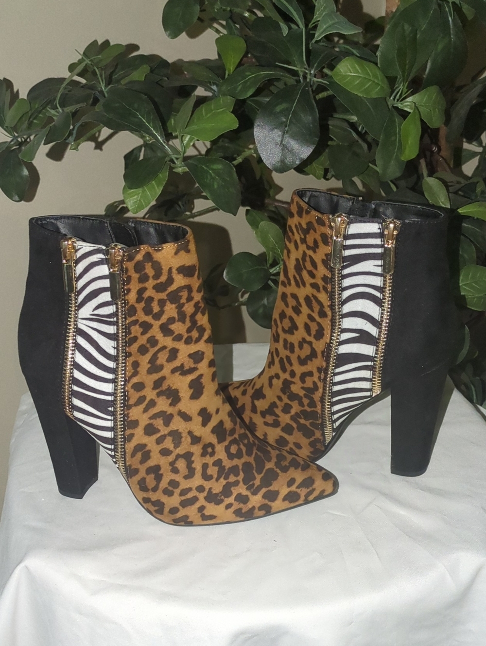 Leopard and Zebra Print Pointed Ankle Boots with Gold Zipper
